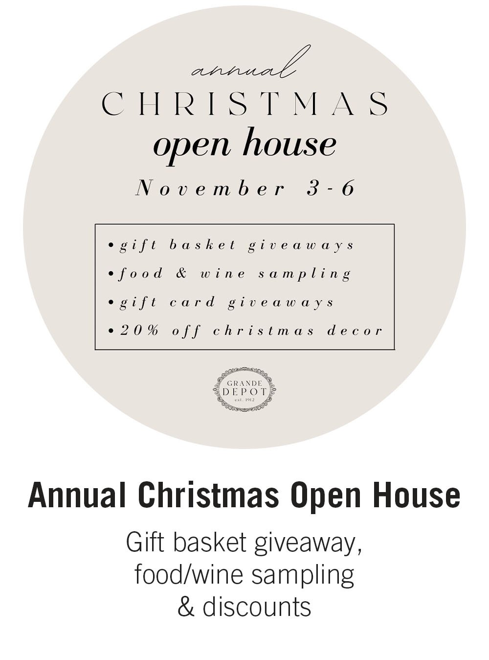 Annual Christmas Open House Gift basket giveaway, food/wine sampling & discounts 