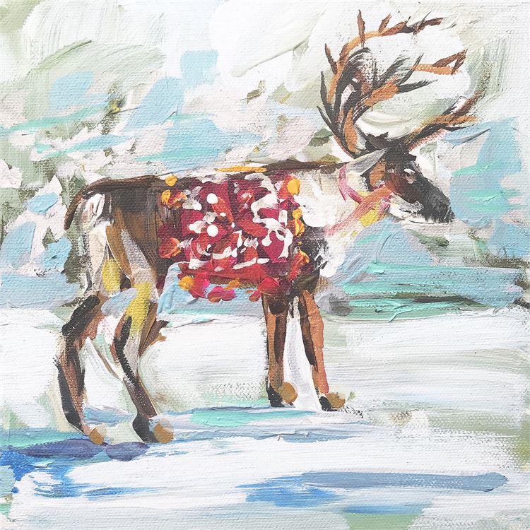 Holiday Reindeer In The Snow, Canvas Wall Art 14x14 Ivystone