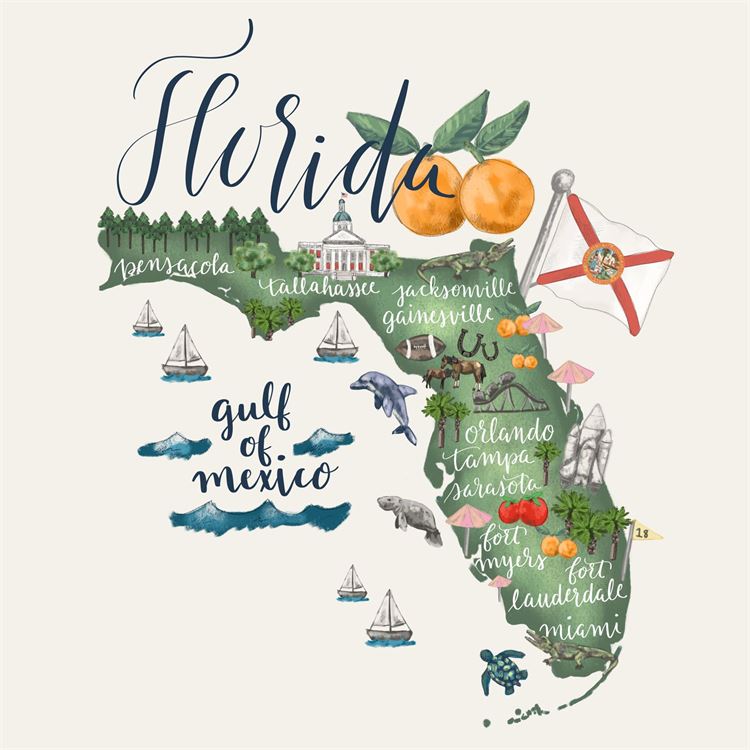 State Map Florida, Canvas Wall Art 30x30 Ivystone