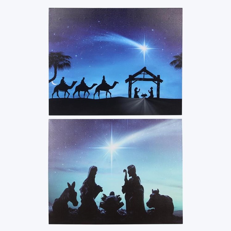Canvas Light up Nativity Wall Art with Timer, 2 Assorted Ivystone