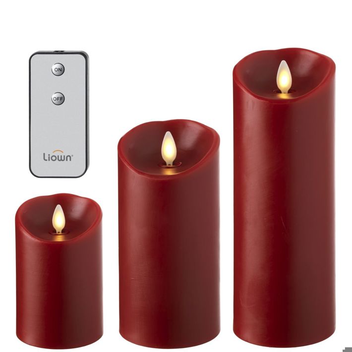 Push Flame Red Pillar Candles With Remote, Set/3 Ivystone
