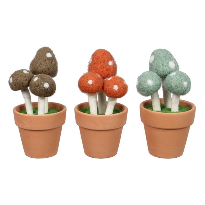 Wool and Ceramic Pot Mushroom Tabletop Decor, 3 Ast Ivystone